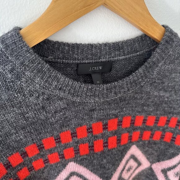 J. Crew Sweater Womens Medium Wool Blend Gray Pink Red Holiday Valentines - Picture 5 of 6